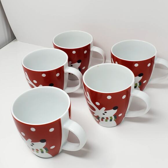 Crate & Barrel Reindeer Set Of 5 Red w/ Scarf Mug or Cup - Coffee, Tea Clean - Picture 3 of 9
